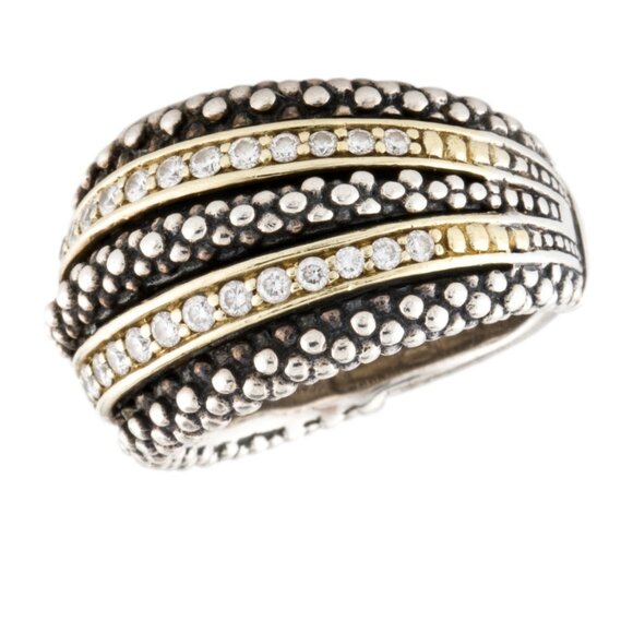 LAGOS 18K YELLOW GOLD & STERLING SILVER  FIVE ROW DIAMOND CAVIAR BAND RING - Picture 5 of 7
